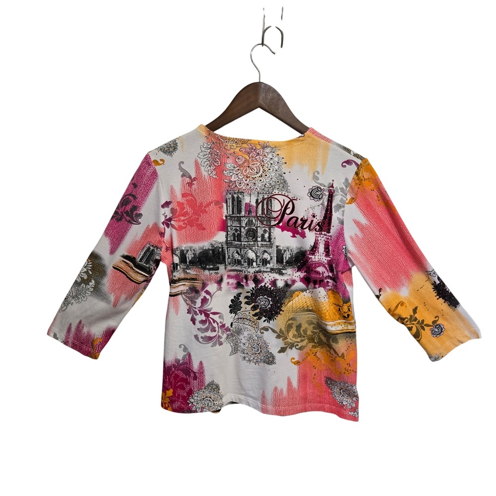 Onque Casuals Paris Print Cardigan Pink Orange Floral 3/4 Sleeve Size S - Picture 2 of 6